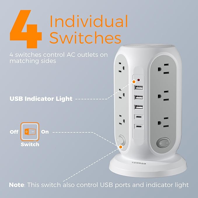 TESSAN Tower Power Strip with Individual Switches, Surge Protector with 12 - Image 4