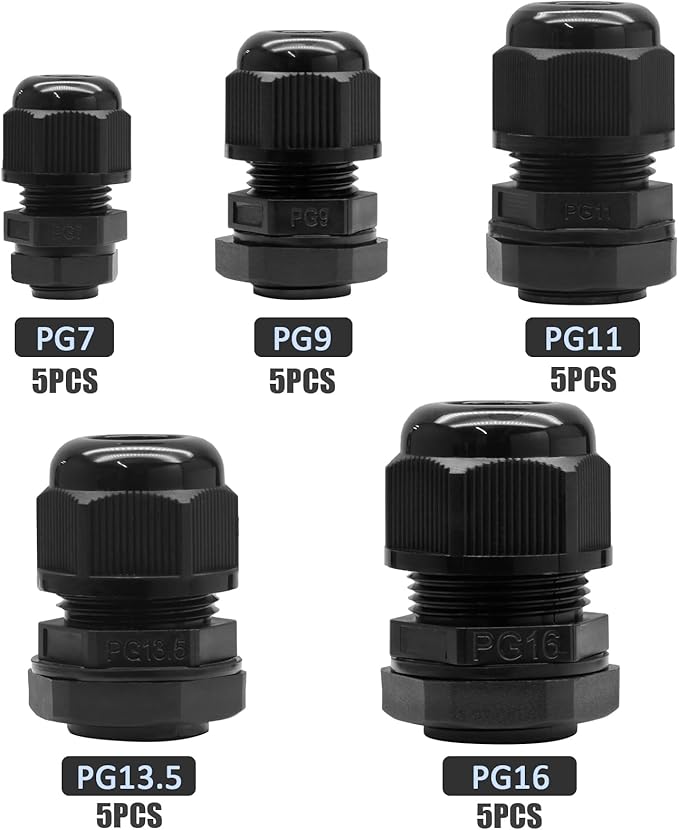 25 Pcs Nylon Cable Glands, PG7 PG9 PG11 PG13.5 PG16 Strain Relief Cable Cord - Image 2