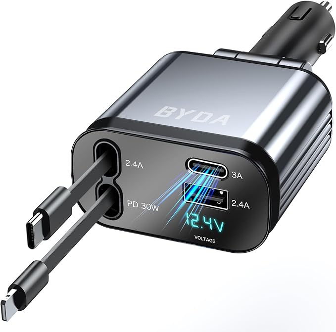 Fast Charger 4 in 1 Retractable Car Charger 69W by BYDA