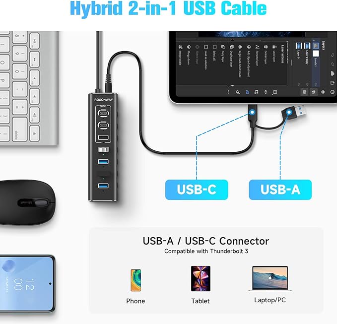 Powered USB Hub, Rosonway 7-Port USB 3.2/USB C Hub - Image 4