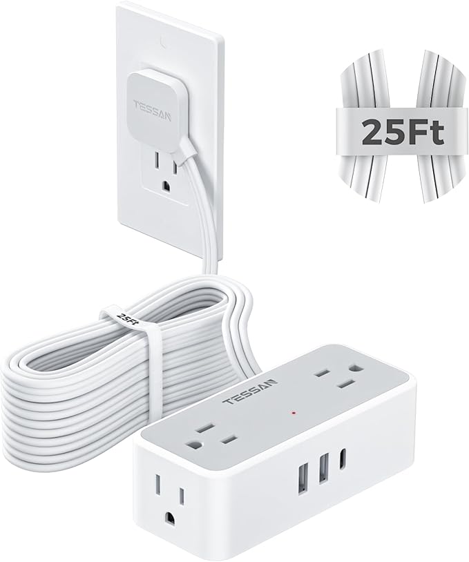 Flat Plug Extension Cord 25 ft, TESSAN Surge Protector Power Strip by TESSAN
