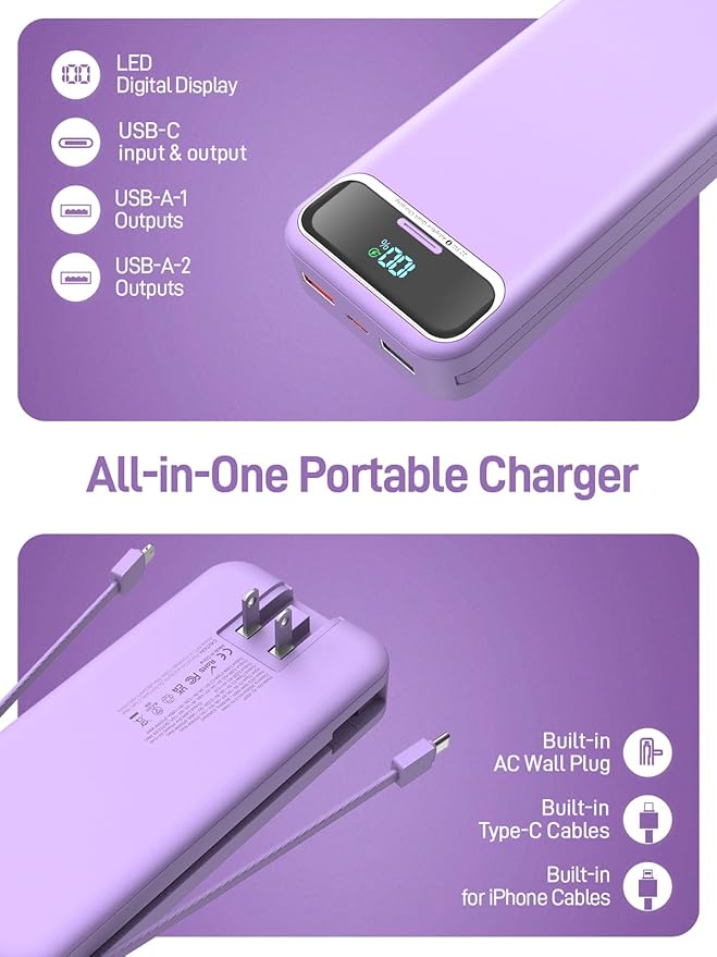 Portable Charger with Built in Cables and Wall Plug, Portable Charger 20000mAh - Image 3