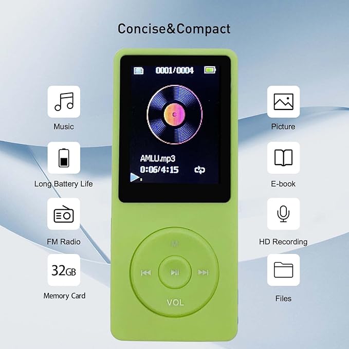 MP3 Player 32GB with Speaker Earphone Portable Mini Green Music Player Support - Image 4