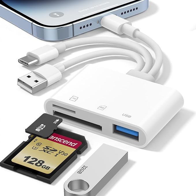 SD Card Reader for iPhone iPad Mac, USB-C & Lightning & USB-A 3-in-1 MicroSD/SD by Unknown