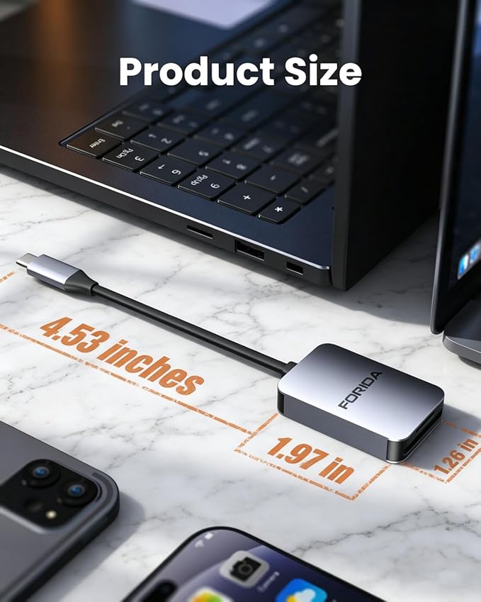 FORIDA Aluminum 2-in-1 SD/Micro SD Card Reader USB C, 190MB/s High-Speed - Image 7