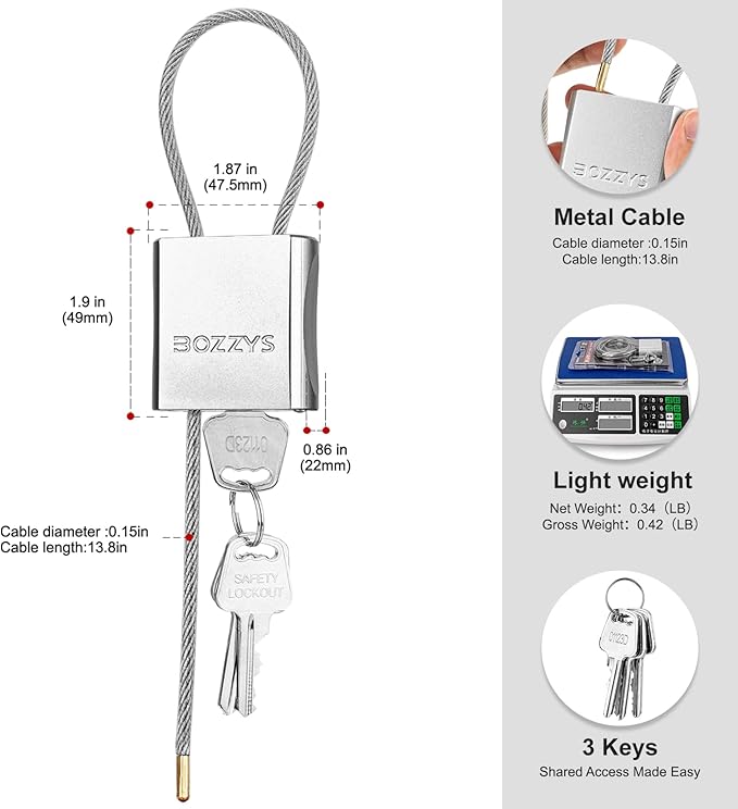 Cable Padlock with 3 Keys | L 1.15ft, D 1/6in Adjustable Steel Cable Lock | - Image 2