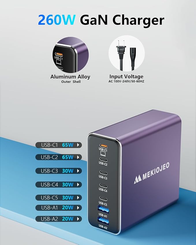 Aluminum Alloy USB C Charger GaN Fast USB C Charging Station 7 Ports 65W Laptop - Image 3