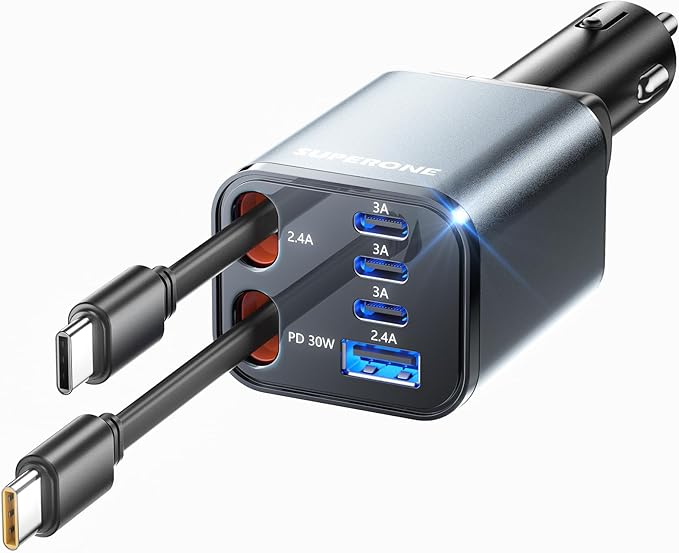 SUPERONE Retractable Car Charger, 6-Port Car Charger USB C, iPhone Car Chargers by SUPERONE