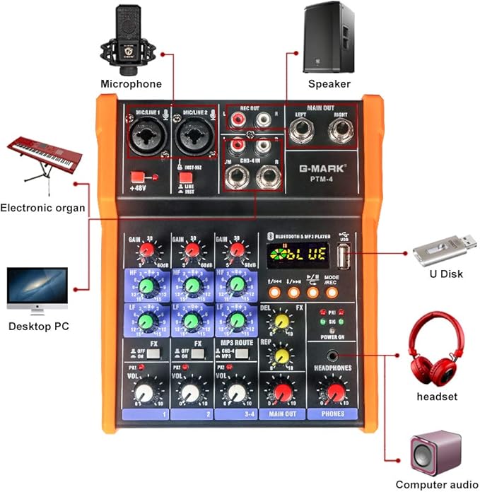 G-MARK Analog Mixer Audio 4 Channel DJ Audio Mixer Bluetooth Studio Karaoke - Image 7