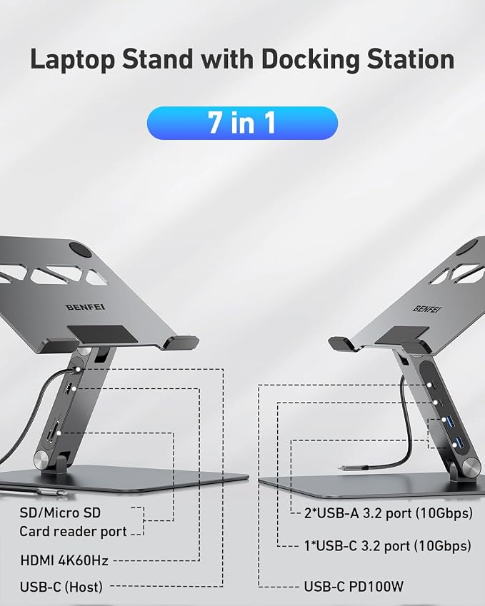 BENFEI Laptop Stand with USB C 7in1 Docking Station, HDMI 4K@60Hz, 1*SD 1*Micro - Image 2