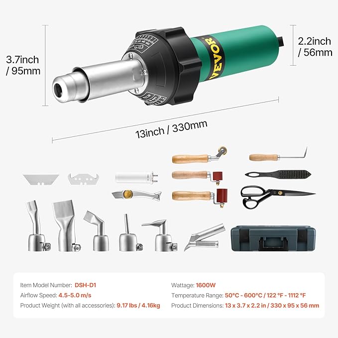 VEVOR Hot Air Plastic Welder, 1600W Hot Air Torch Pistol, 122-1112℉ PVC TPO - Image 7