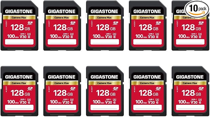 GIGASTONE 128GB SD Card 10-Pack, Camera Plus, V30 U3 SDXC Memory Card High by Gigastone