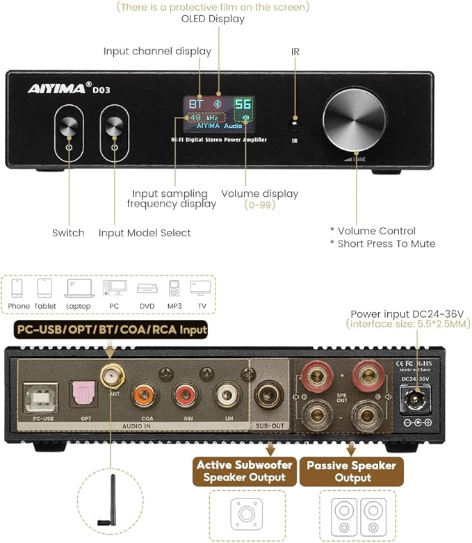 AIYIMA D03 Bluetooth 5.0 DAC Amplifier 150 Watt x 2 Stereo HiFi 2.1 CH Digital - Image 2