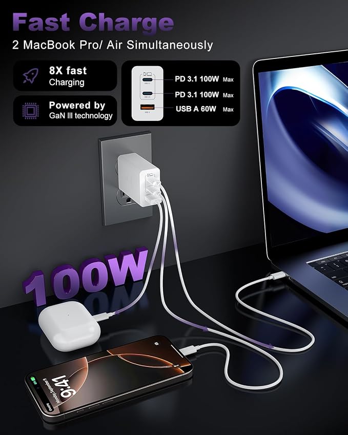 USB C Charger Block 100W, 3-Port GaN Super Fast Charger, Type C Wall Charger - Image 4