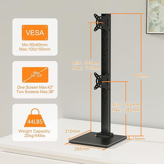 Suptek Dual Monitor Stand with Base- Vertical Stack Screen Free-Standing - Image 2