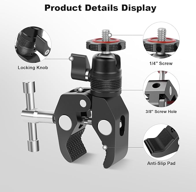 Super Clamp Camera Mount with 360° Mini Ball Head, Aluminum Desk Tube Crab Clamp - Image 6