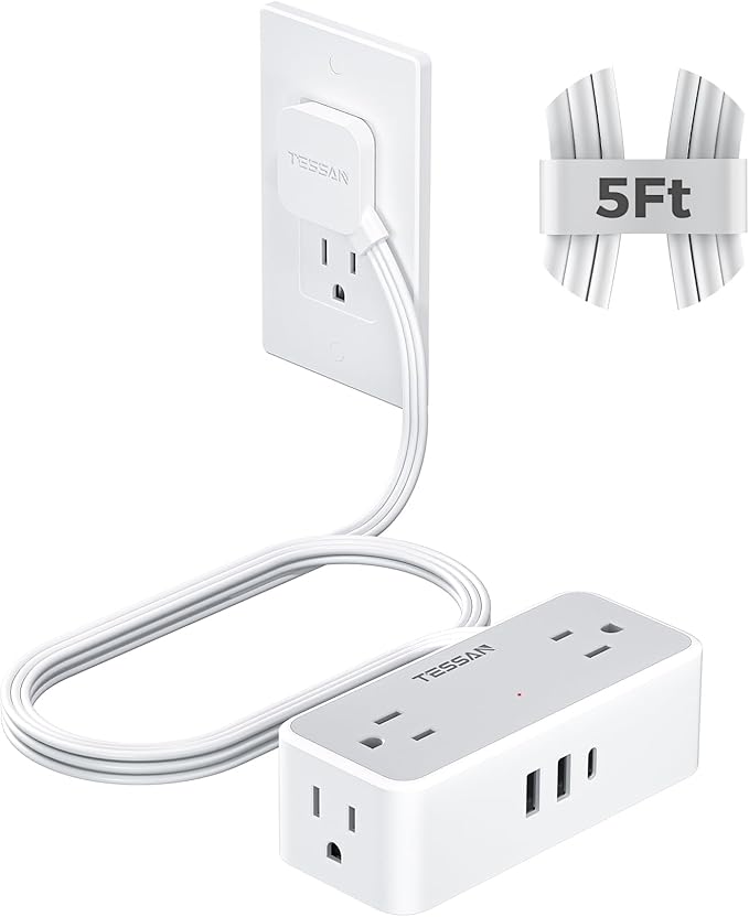 TESSAN Flat Plug Extension Cord 5 FT, Surge Protector Power Strip by TESSAN