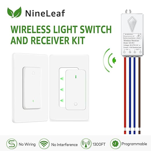 NineLeaf Wireless Light Switch and Receiver Kit, 1300FT RF Range, No Wiring - Image 2