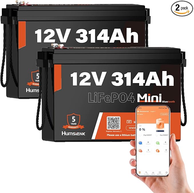 2 PCS Bluetooth 12V 314Ah LiFePO4 Lithium Battery MINI, Max. 4190Wh Energy by HumsiENK