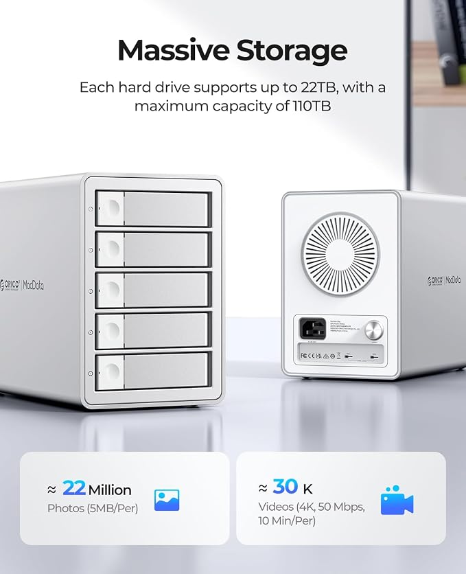 ORICO Daisy-Chain 5-Bay Hard Drive Enclosure External USB 3.2 Gen 2 Aluminum - Image 3