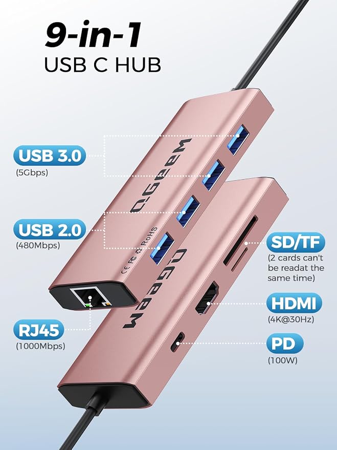 QGeeM USB C Hub Ethernet, 9 in 1 USB Type C Hub HDMI Multi-Port Converter - Image 2