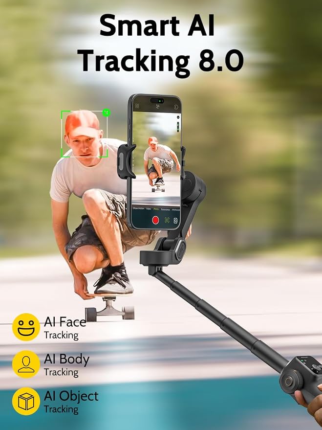 3-axis Gimbal Stabilizer w/Built-in 7.8' Extension Rod, Vlogging Phone Gimbal - Image 3