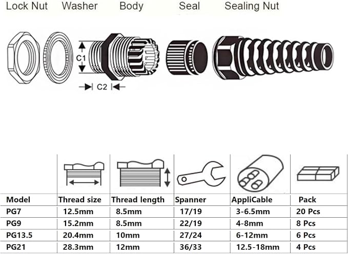 38 Pcs Waterproof Cable Gland, PG7、PG9、PG13.5、PG21 Thread 3~18mm, waterproof - Image 3
