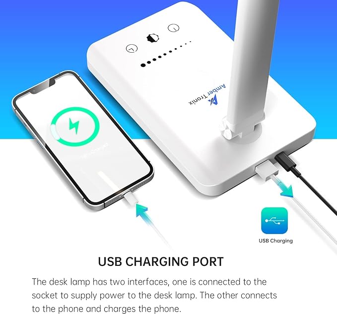 Ambertronix LED Desk Lamp with USB Charging Port, Dimmable Eye-Caring Reading - Image 4