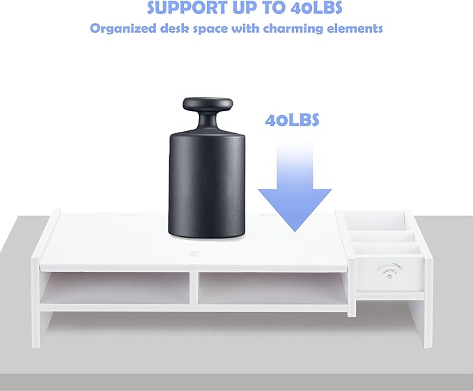 White Monitor Stand Riser, MDF Laptop Riser Shelf - Image 2