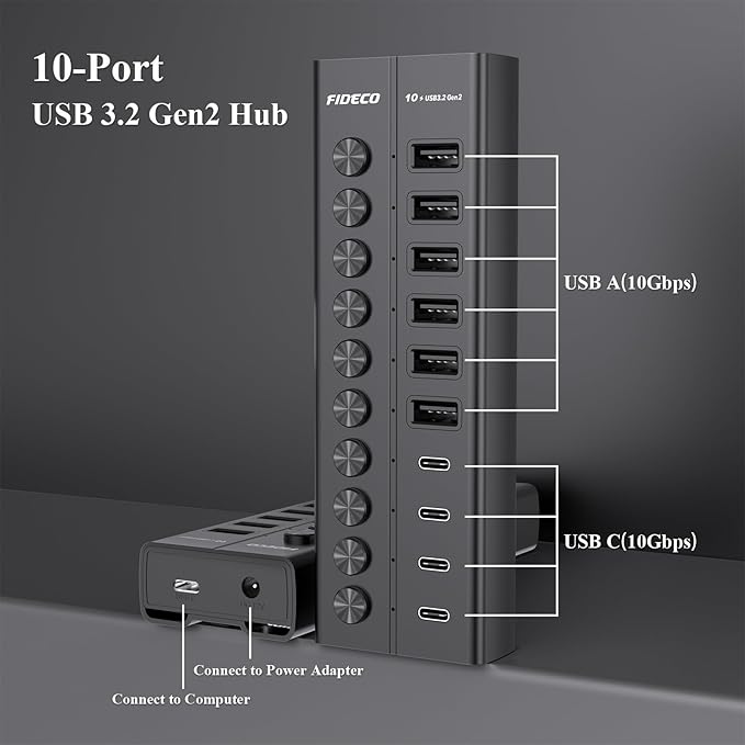 FIDECO 60W Powered USB Hub for Laptop and PC, 10-Port 10Gbps USB Splitter - Image 6