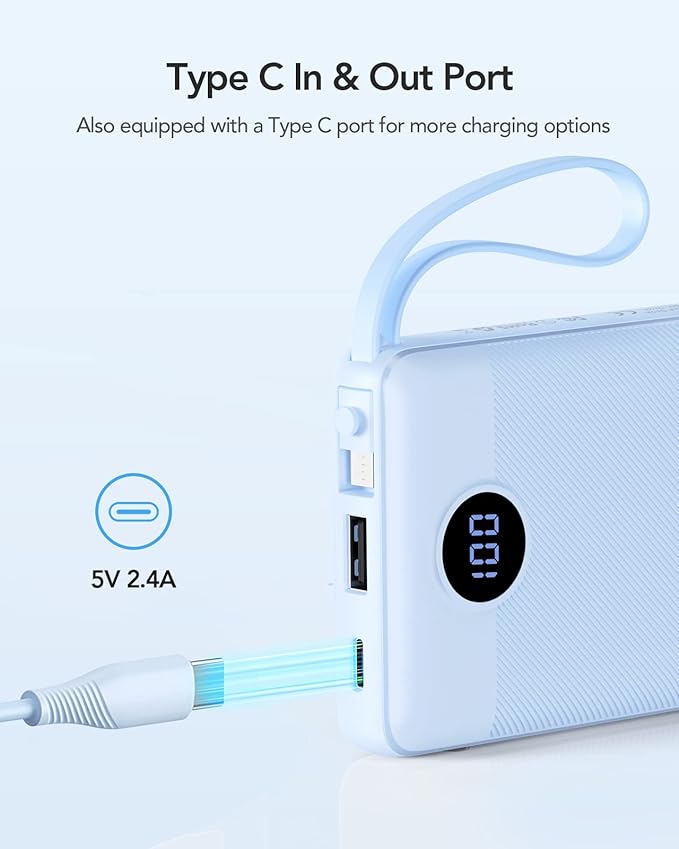 VRURC 10000mAh Power Bank Built-in Cables, Portable Charger - Image 3