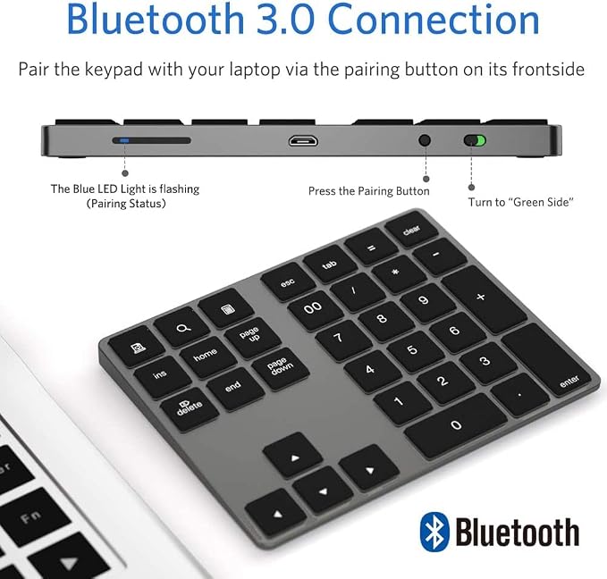 Bluetooth Number Pad, Wireless Numeric Keypad, USB-C Rechargeable External - Image 4