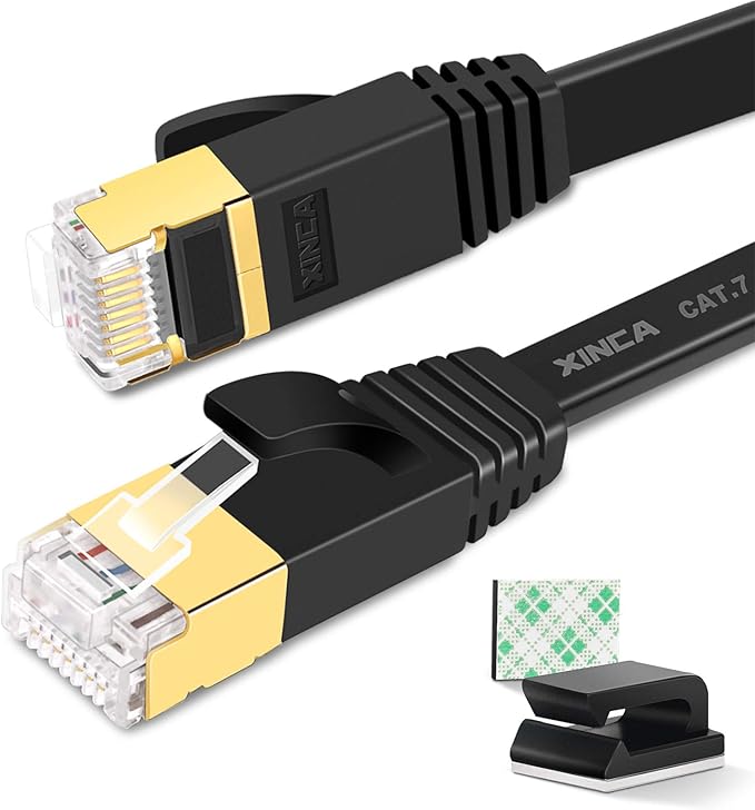 Cat 7 Flat Ethernet Cable 25ft Black, High Speed 10GB Shielded LAN Internet by XINCA