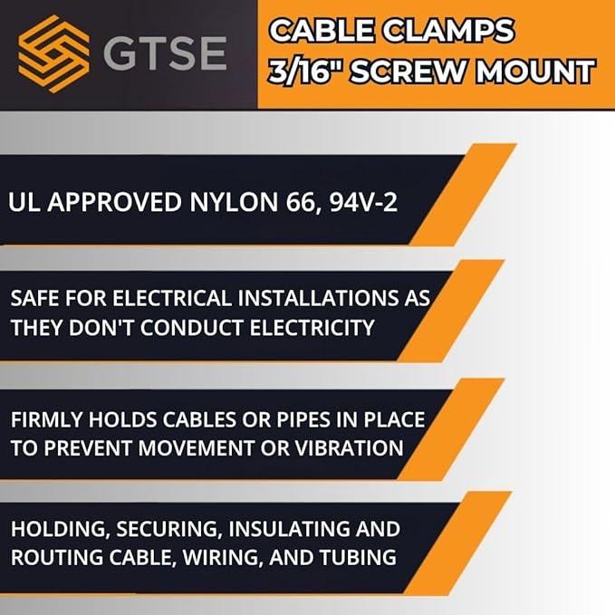 GTSE Black Nylon Plastic Cable Clamps, 3/16" Screw Mounts - Image 6