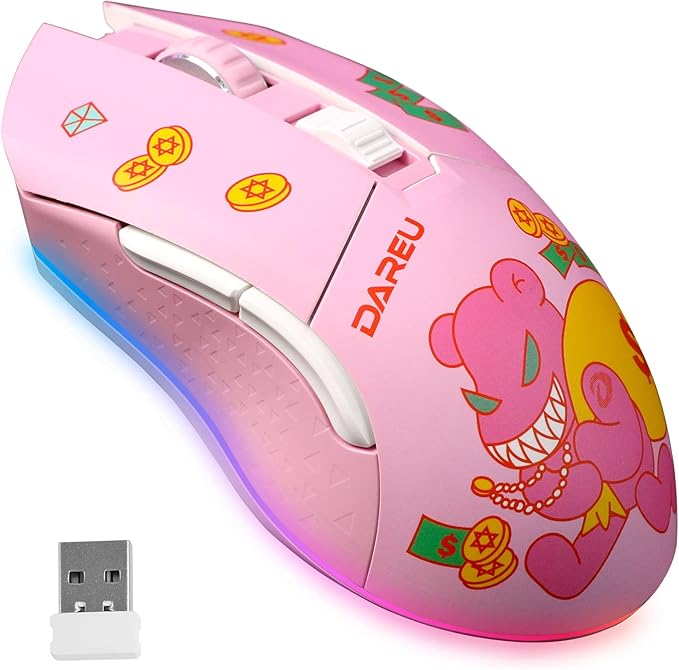 DAREU Pink Wireless Wired Gaming Mouse, Dual-Mode Rechargeable 7 Programmable by DAREUGAMINGDIRECT