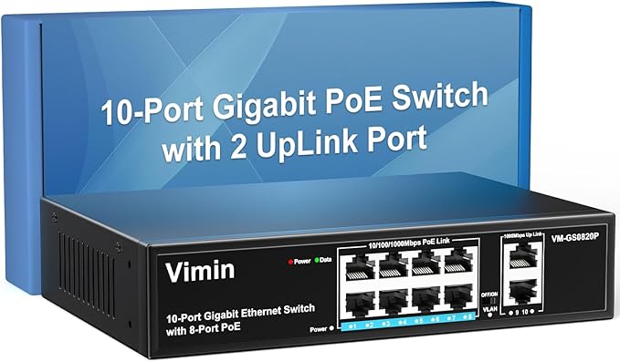 8 Port Gigabit PoE Switch with 2 Uplink Gigabit Ports, VIMIN 10 Port Unmanaged by Vimin