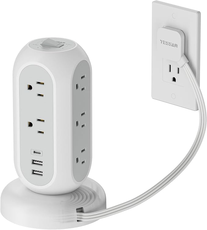 Surge Protector Power Strip Tower, TESSAN 5 FT Retractable Extension Cord by TESSAN