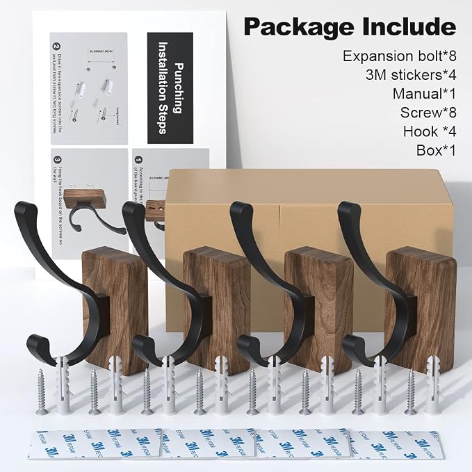 4 PCS Black Walnut Wood Wall Hooks Adhesive Mounted & Wall Mounted Rustic - Image 6
