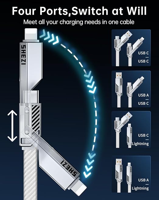 SHEZI 4-in-1 USB C Cable 60W 10FT Fast Charging Flat Nylon Braided Charger Cord - Image 2