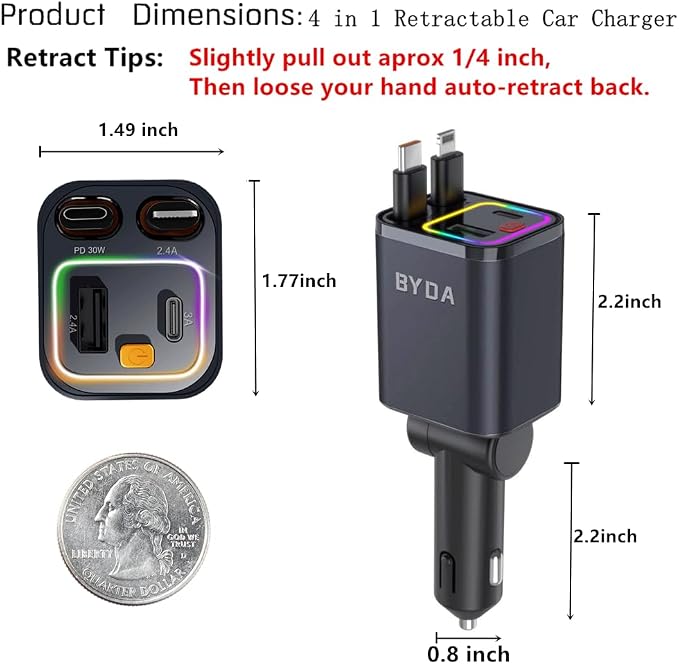 Retractable Car Charger, 4 in 1 Fast Charging USB-C & USB-A Compatible - Image 5