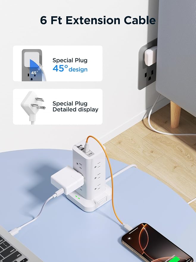 Surge Protector Power Strip, 6FT Flat Plug Extension Cord - Image 6