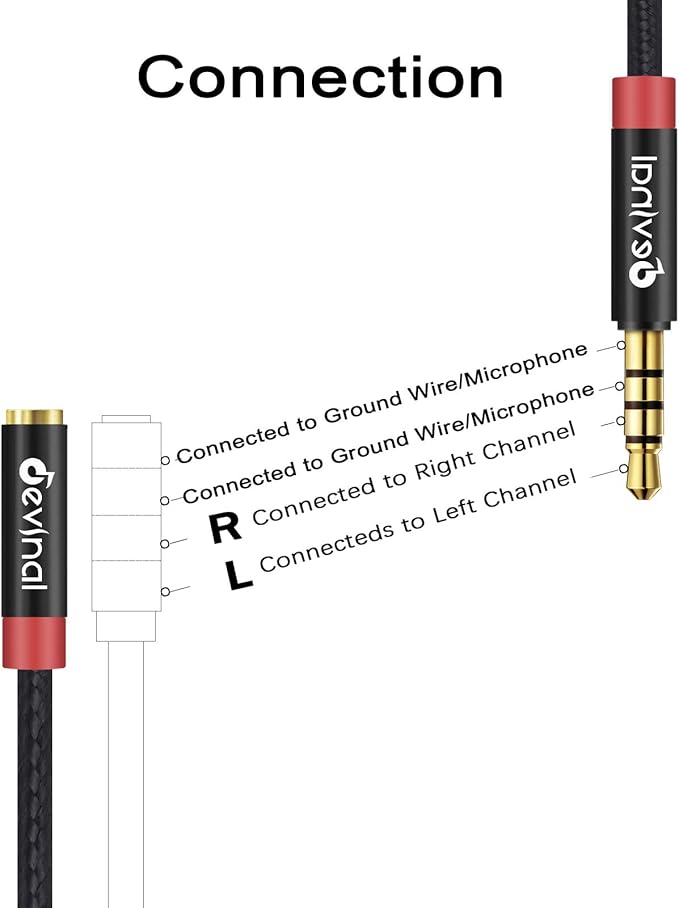 Devinal 3.5mm TRRS Headphone Extension Cable, 1/8" inch Female 4-Pole to Male - Image 5