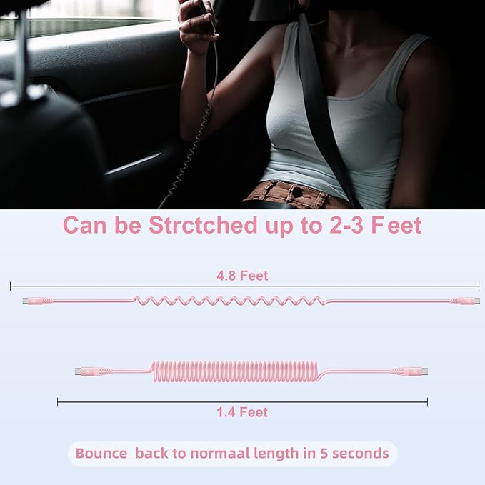 USB C to C Cable 3FT for Car, Coiled USB C Fast Charging Cable for iPhone - Image 7