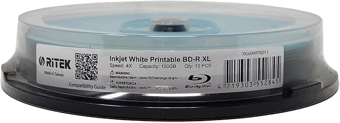 10 Pack Ritek BD-R XL BDXL 100GB Archival Grade Triple Layers 4X White Inkjet by Smartbuy