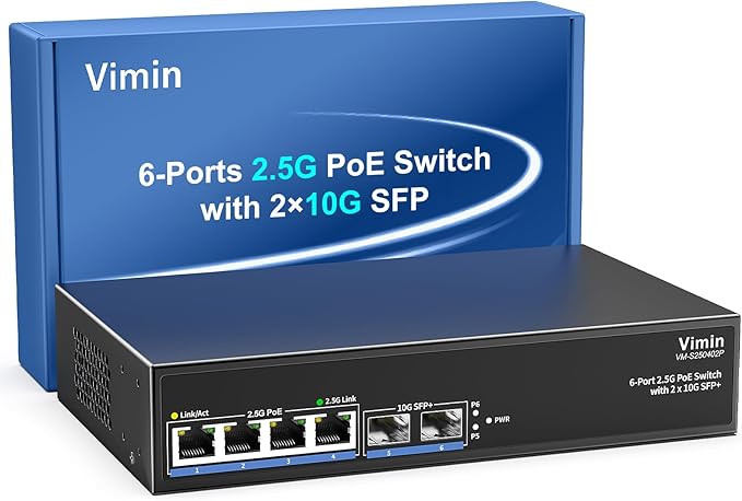 6-Port 2.5G PoE Switch Unmanaged, 4X 2.5GBase-T PoE Ports, 2X 10Gbps SFP by Vimin