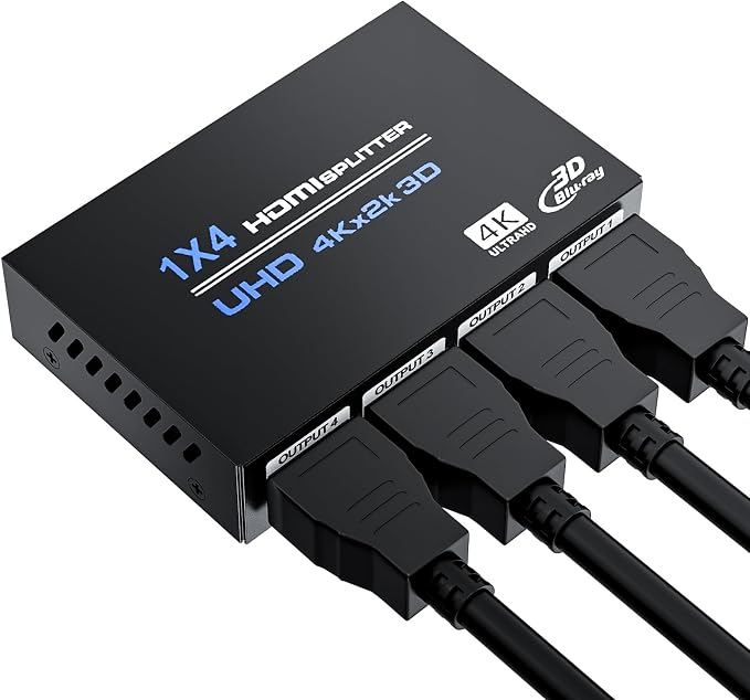 HDMI Splitter 1 in 4 Out 4K@30Hz, Powered 1x4 HDMI Video Splitter 4 Ports by ConnecttoEverything