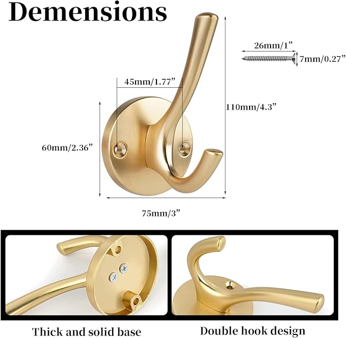 4 Packs Gold Coat Hooks, Decorative Towel Hooks, Heavy Duty Double Prong Wall - Image 2