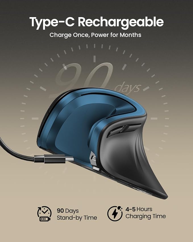 ProtoArc Ergonomic Mouse, EM11 NL Bluetooth Rechargeable Wireless Vertical Mouse - Image 2