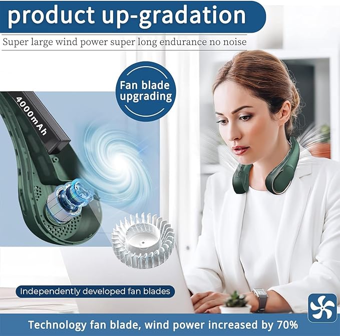 Neck Fan, Portable Bladeless Neck Fan, USB Rechargeable Personal Fan, 4000 mAh - Image 2