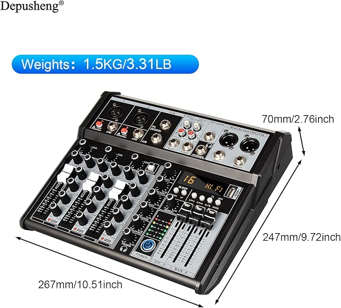 Depusheng Professional Audio Mixer, 4 Channel Audio Interface Sound Board - Image 7